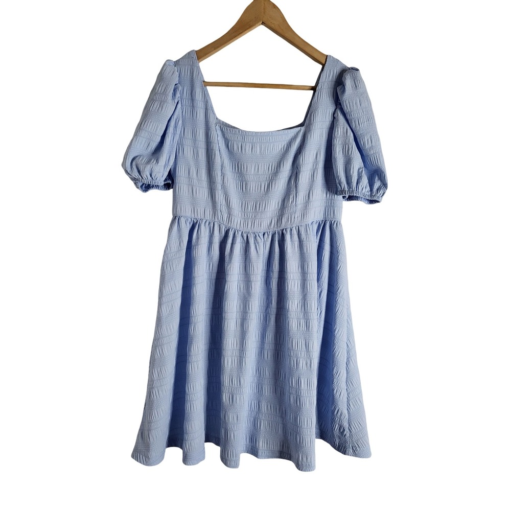 SHEIN Light Blue Puff Sleeve Seersucker Mini Dress Square Neck Sz M 6 Dollette